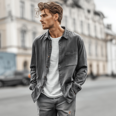 Albert | Men'S Casual Solid Color Breathable Tencel Blended Lapel Patch Pocket Loose Long Sleeve Shirt