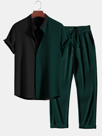 Ed® | Muscle Fit Ribbed Shirt With Mandarin Collar & Straight Leg Ribbed Trousers