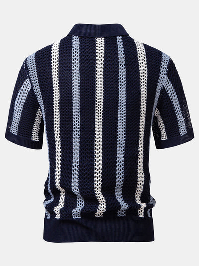 hola Crochet Striped V-Neck Polo Shirt