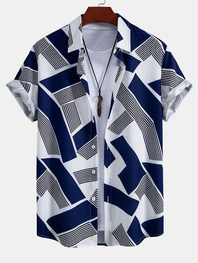 Kevin® | Color Block Geometry Print Button Up Shirt & Swim Shorts