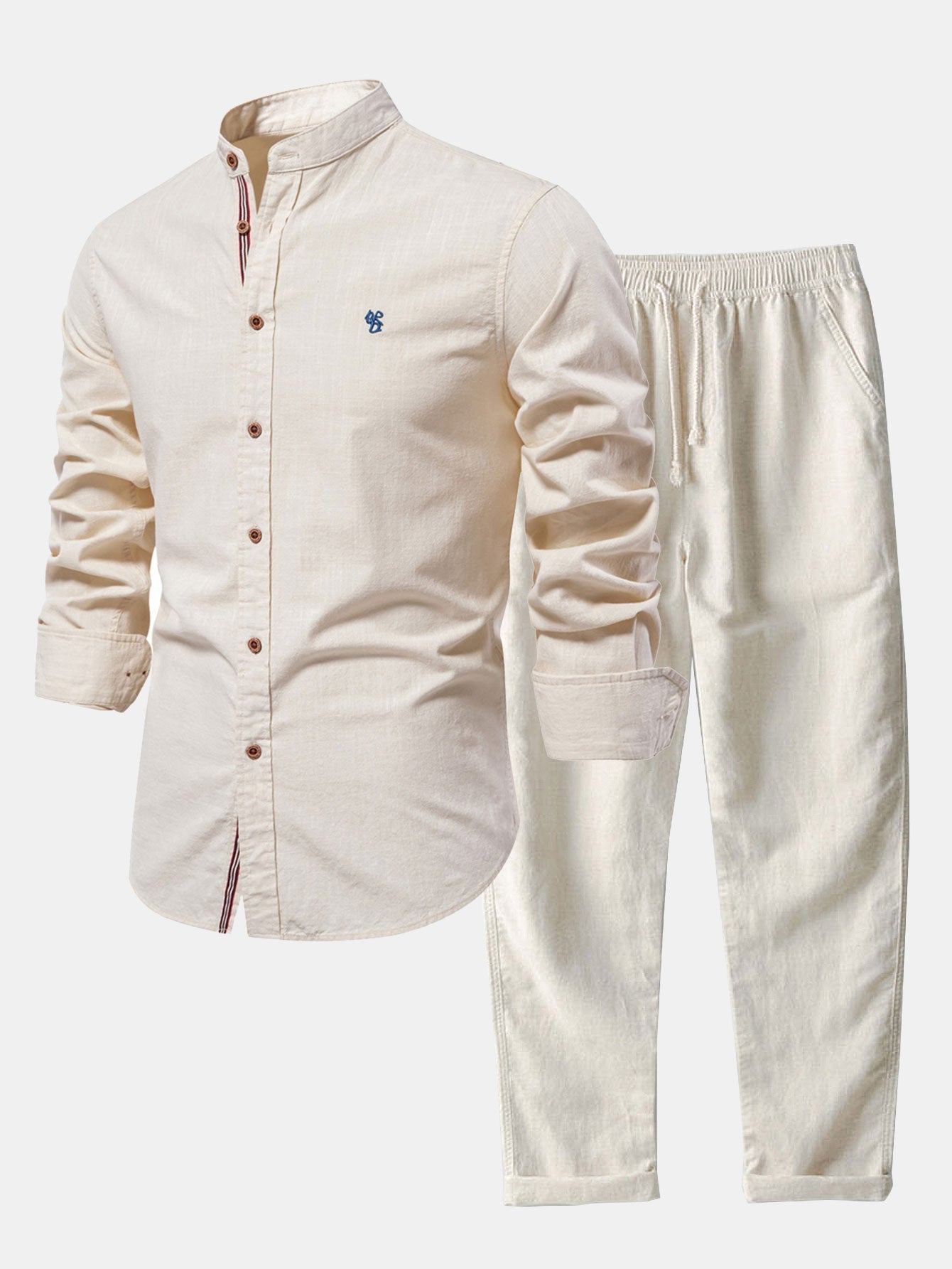 Florentino® | Long Sleeve Linen Look Stand Collar Shirt & Straight Leg Linen Pants