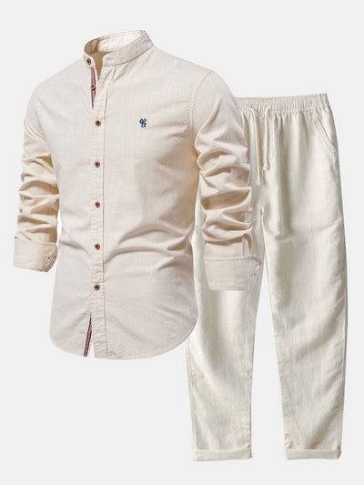 Florentino® | Long Sleeve Linen Look Stand Collar Shirt & Straight Leg Linen Pants