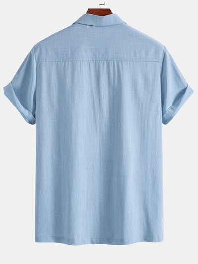 Amparo® | Geometric Rhombus Print Linen Look Patchwork Bowling Shirt