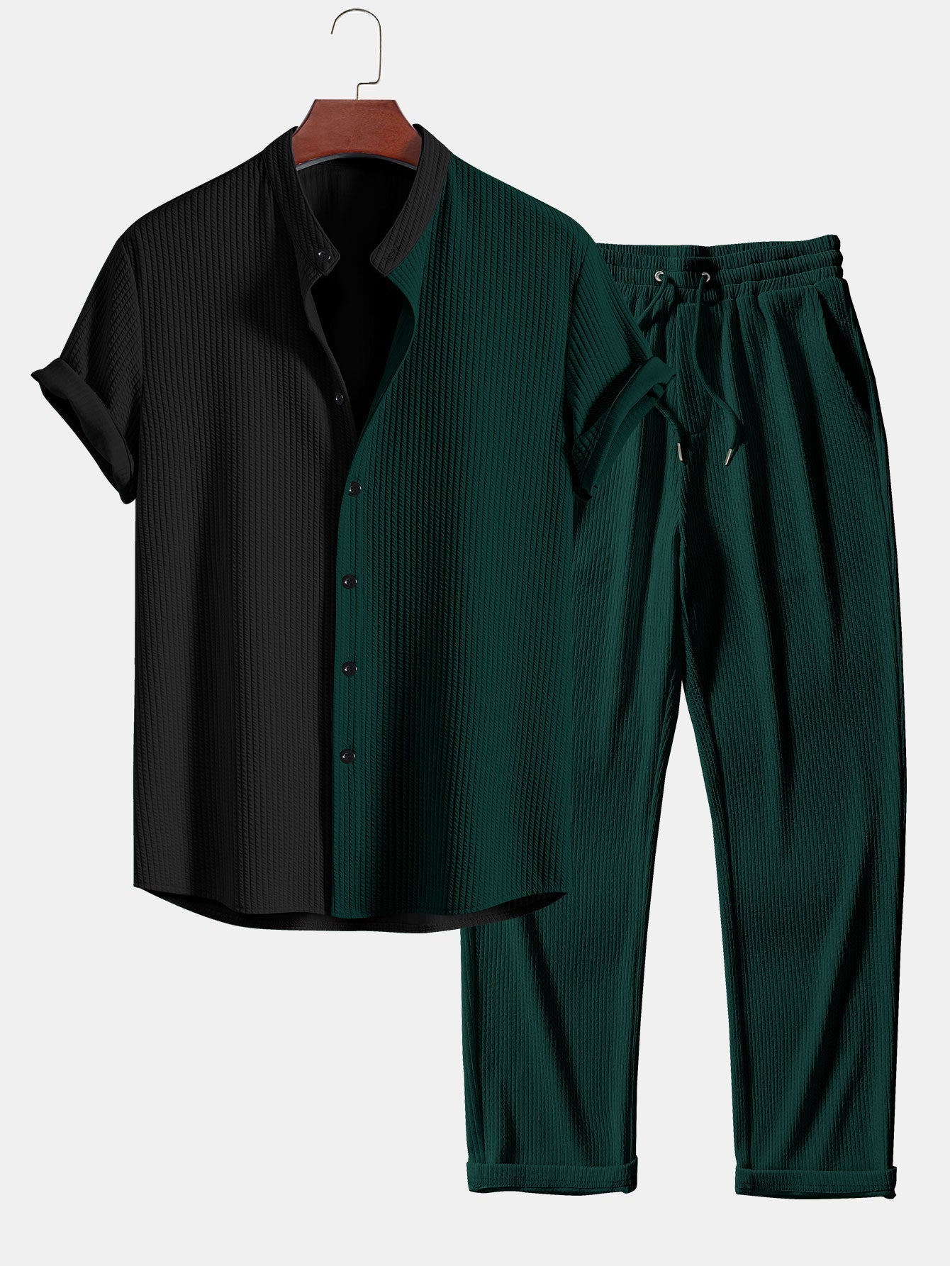 Truman® | Two Tone Muscle Fit Ribbed Stand Collar Shirt & Straight Leg Ribbed Pants