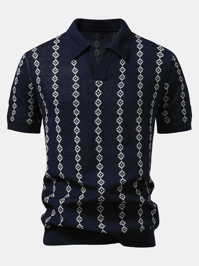 hola Geometric Knit V-Neck Polo Shirt