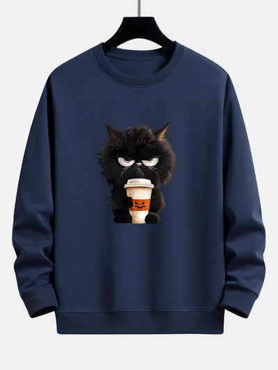 Camilo® | Black Cat Halloween Coffee Print Relax Fit Sweatshirt