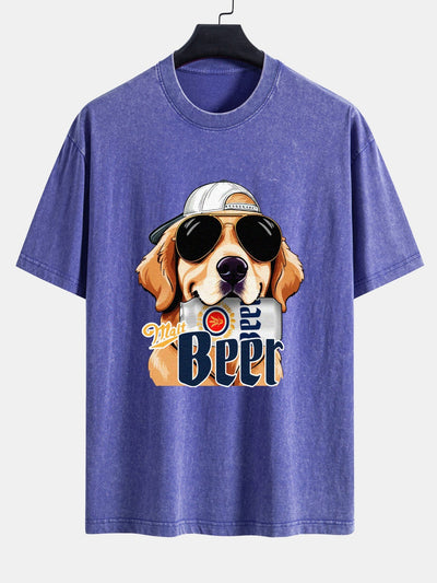 Jafar® | Beer Dog Print Washed Distressed Drop Shoulder T-Shirt