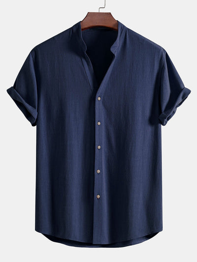 Akihiko® | Short Sleeve Linen Rayon Blend Stand Collar Shirt