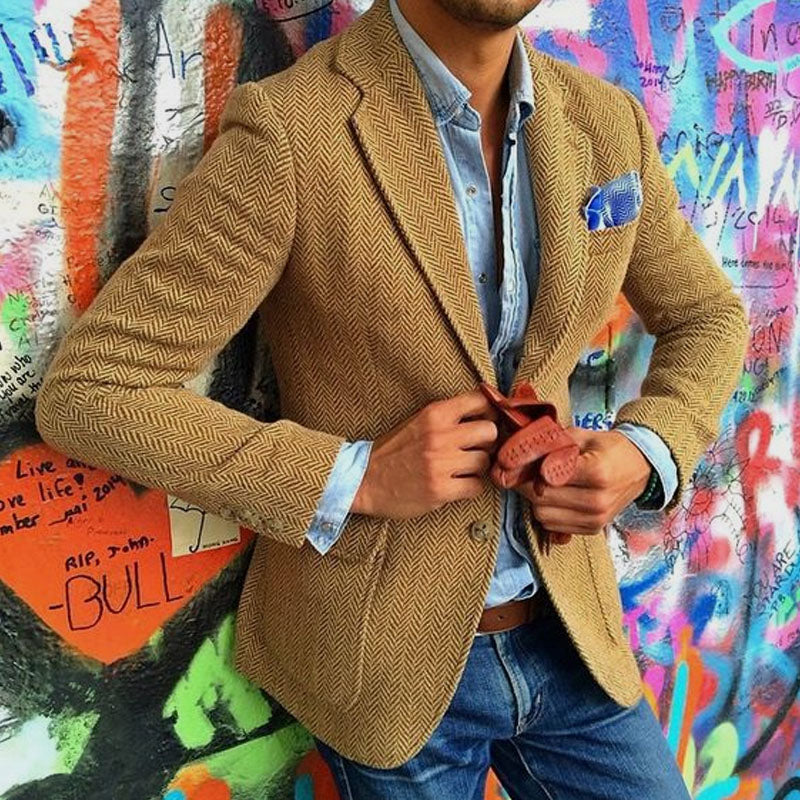 Men's Vine Herringbone Wool Blend Lapel Single Breasted Blazer