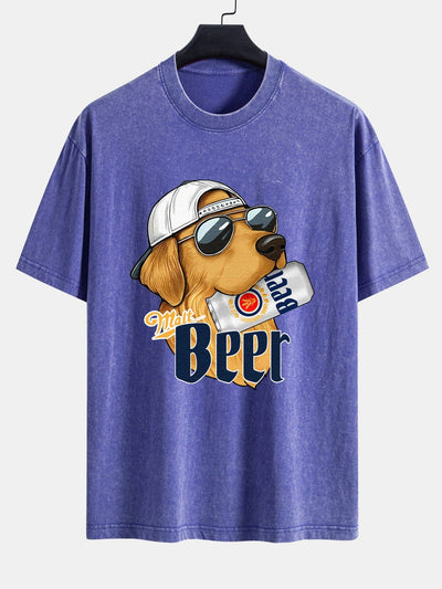 Jano® | Beer Dog Print Washed Distressed Drop Shoulder T-Shirt