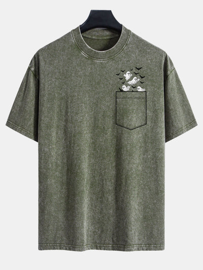 Bardo® | Pocket Bat Ghost Print Washed Distressed Drop Shoulder T-Shirt