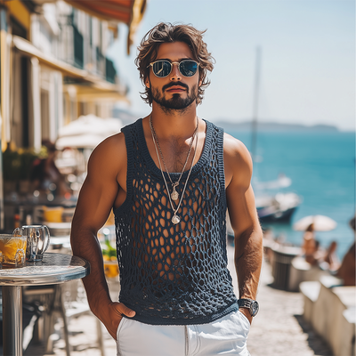 Maurice | Men'S Summer Fashion Casual U-Neck Knitted Crochet Hollow Tank Top