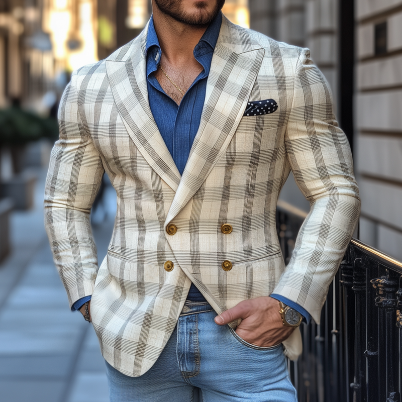 Wallace | Men'S Vintage Elegant Plaid Peaked Lapel Double Breasted Slim Fit Blazer