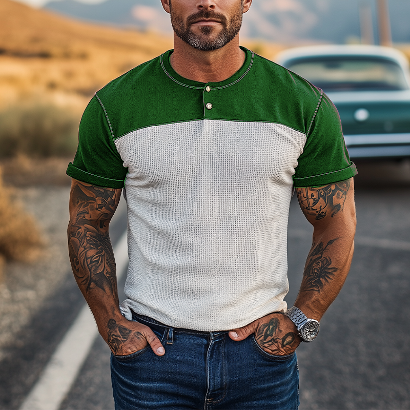 Fidel | Men'S Spring And Summer Casual Cotton Blend Splicing Waffle Henry Collar Short Sleeve T-Shirt