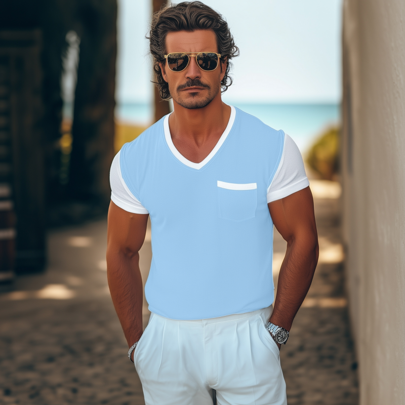 Carl | Men'S Casual Breathable Cotton Colorblock V-Neck Patch Pocket Slim Fit Short-Sleeved T-Shirt