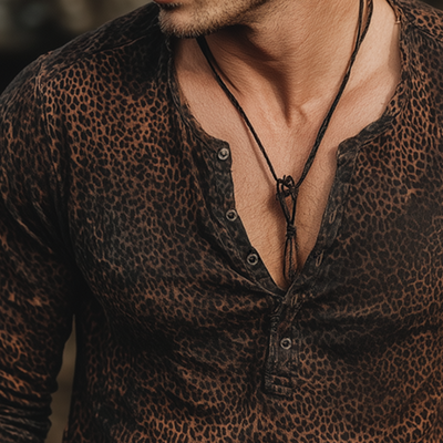 Armand | Men'S Vintage Casual Leopard Print Henley Long Sleeve T-Shirt