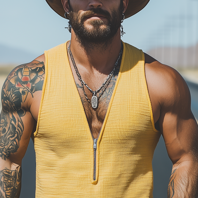 Francisco | Men'S Spring And Summer Casual Waffle Slim Zipper Deep V Neck Tank Top