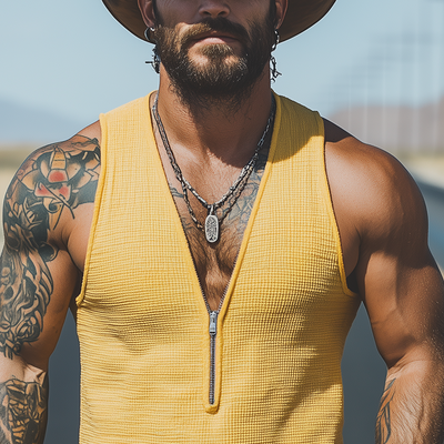 Francisco | Men'S Spring And Summer Casual Waffle Slim Zipper Deep V Neck Tank Top