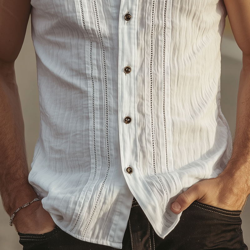 Vern | Men'S Spring And Summer Classic Casual Tencel Cotton Blended Texture Hollow Stand Collar Slim Sleeveless Shirt