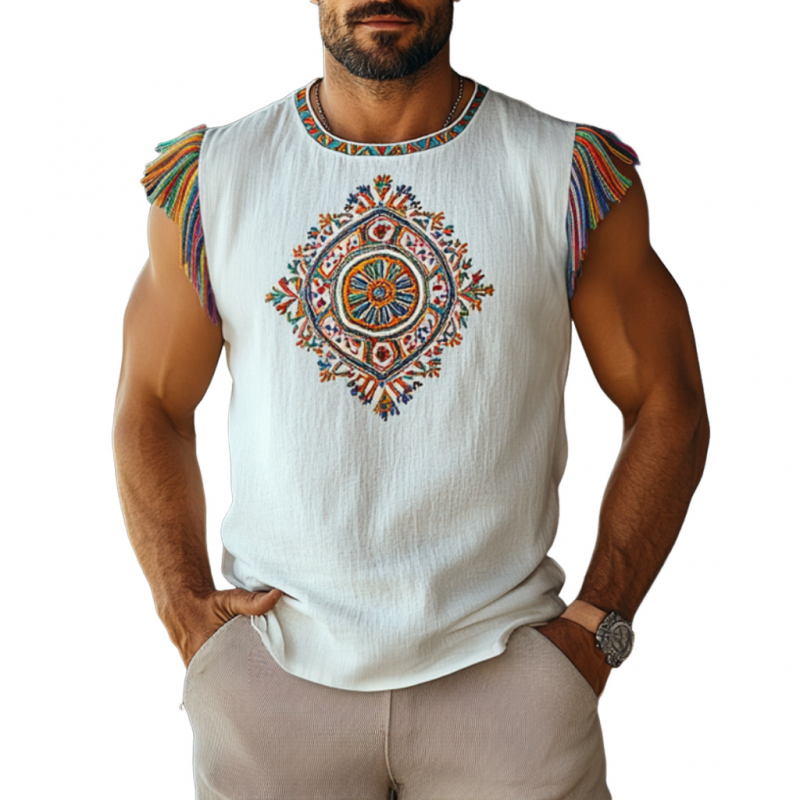 Donald | Men'S Bohemian Embroidered Tassel Cotton Linen Round Neck Slim Fit Tank Top