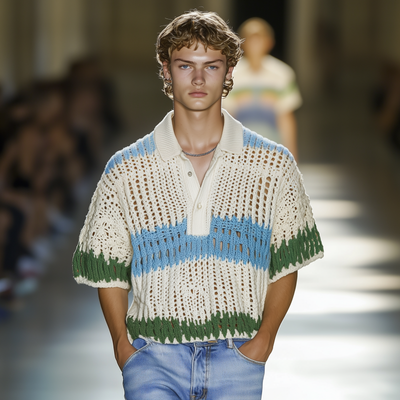 Willis | Men'S Casual Contrast Striped Lapel Loose Short-Sleeved Knitted Polo Shirt