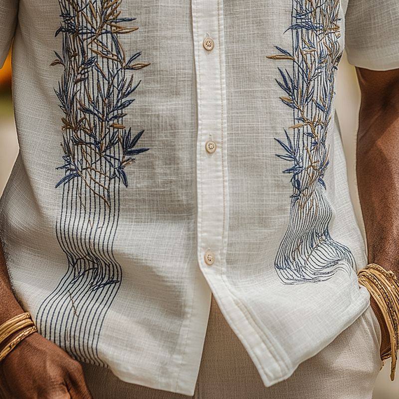 Wayne | Men'S Summer Fashion Leaf Embroidery Slub Linen Henley Collar Short Sleeve Shirt