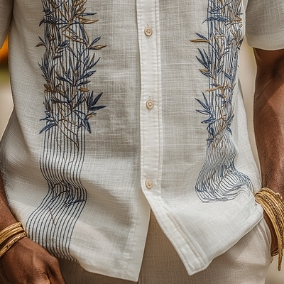 Wayne | Men'S Summer Fashion Leaf Embroidery Slub Linen Henley Collar Short Sleeve Shirt