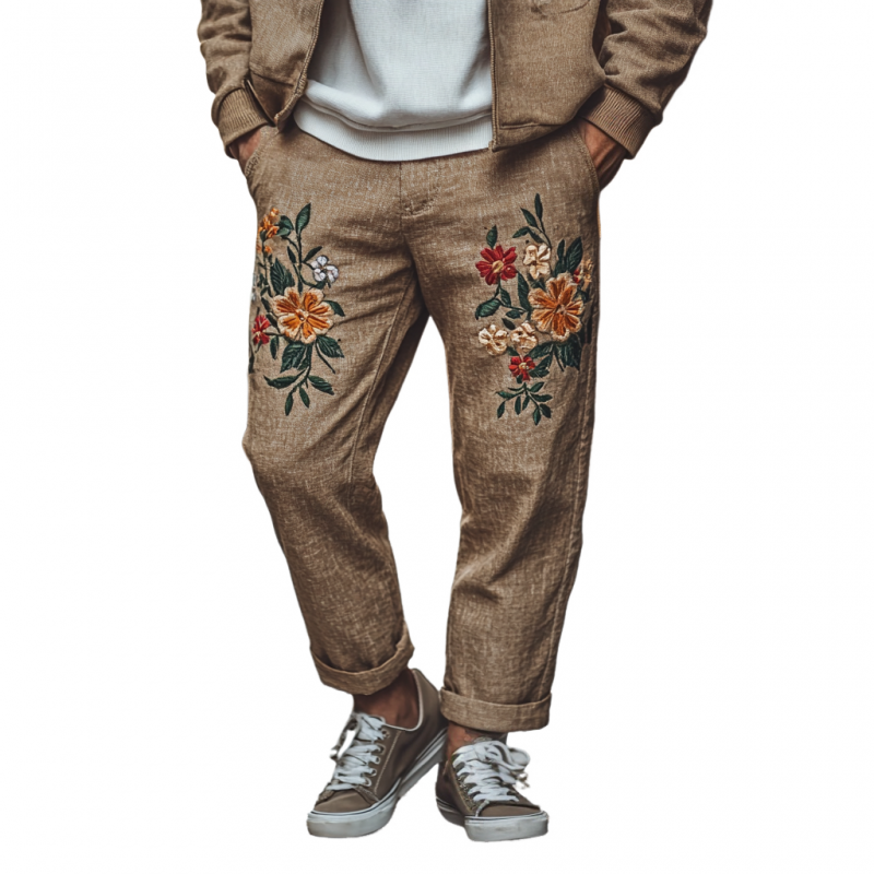 Chip | Men'S Vintage Elegant Flower Embroidery Breathable Linen Straight Pants