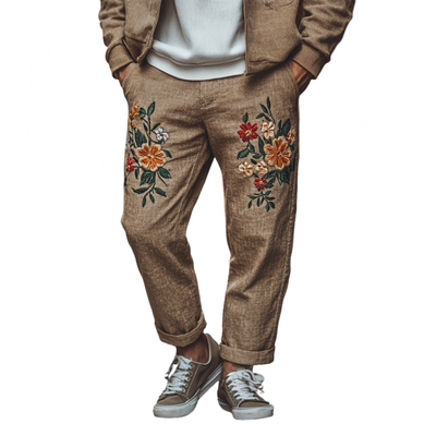 Chip | Men'S Vintage Elegant Flower Embroidery Breathable Linen Straight Pants