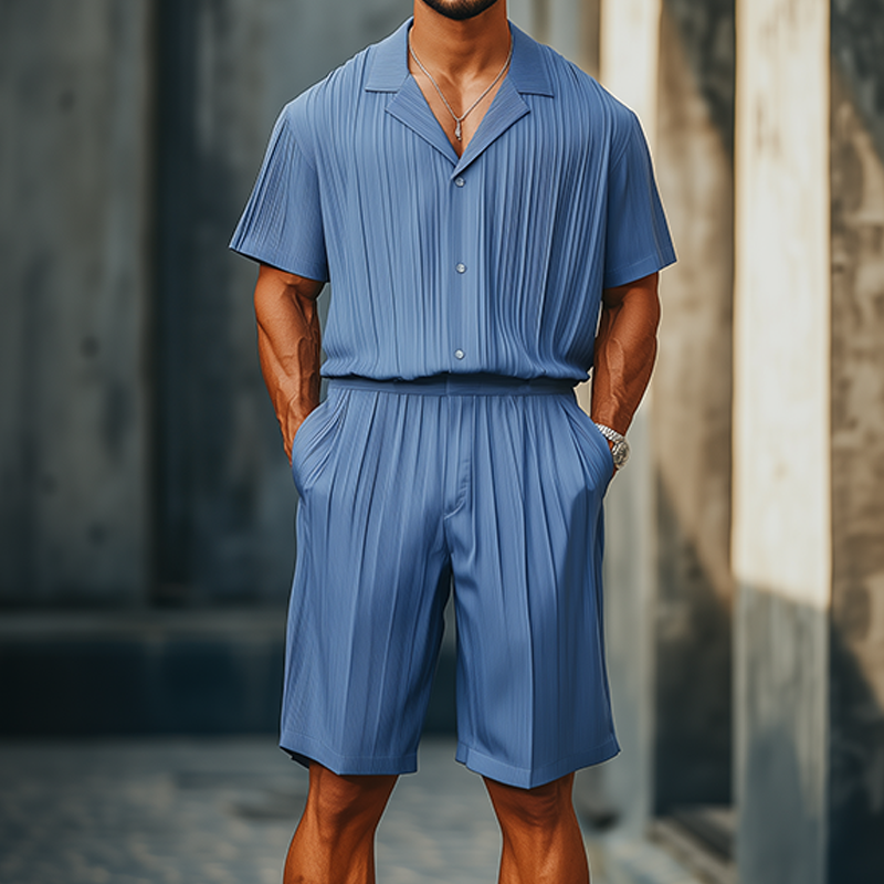 Javier | Men'S Spring And Summer Fashion Casual Cool Pleated Fabric Short-Sleeved Shirt Length To Knee Shorts Set