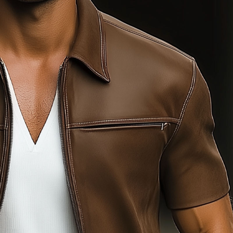 Bruno | Men'S Summer Light Leather Zip-Up Short Sleeve Shirt