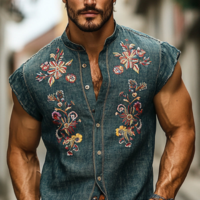 Cesar | Men'S Casual Cotton And Linen Embroidered Small Flying Sleeve Lapel Shirt