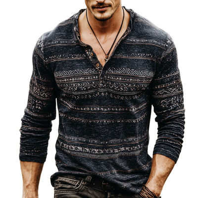 Bradley | Men'S Retro Casual Wilderness Ethnic Style Printed Henry Long Sleeve T-Shirt