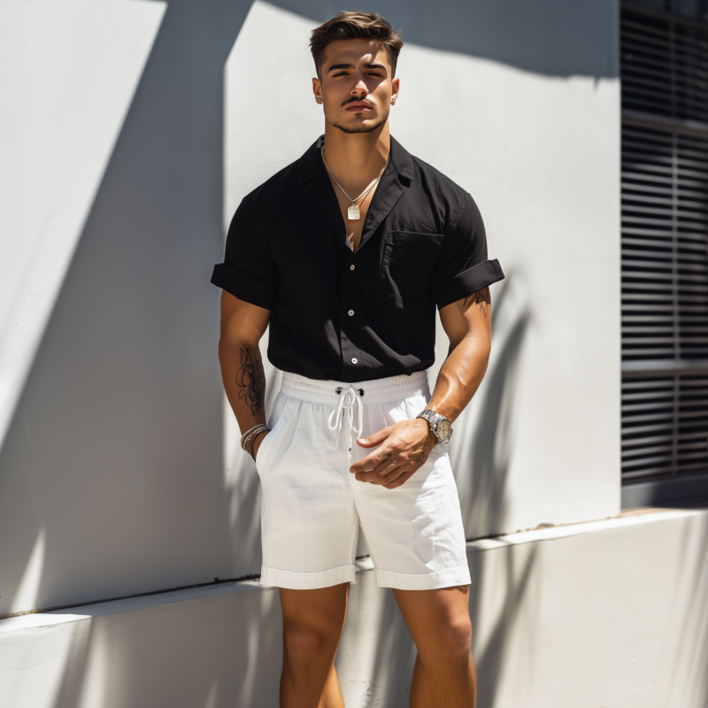 Armando | Men'S Casual Breathable Cotton Linen Slim Fit Cuban Collar Patch Pocket Short Sleeve Shirt Elastic Waist Shorts Set