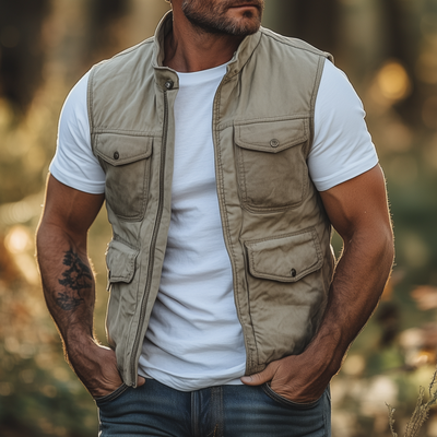 Pablo | Men'S Casual Outdoor Washed Cotton Stand Collar Zipper Placket Multi-Pocket Work Vest
