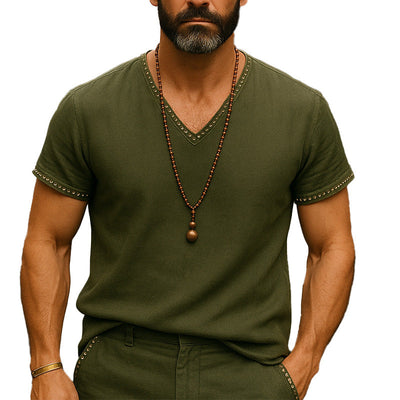 Terry | Men'S Summer Breathable Comfort Hole V-Neck Linen Blended Short Sleeve T-Shirt