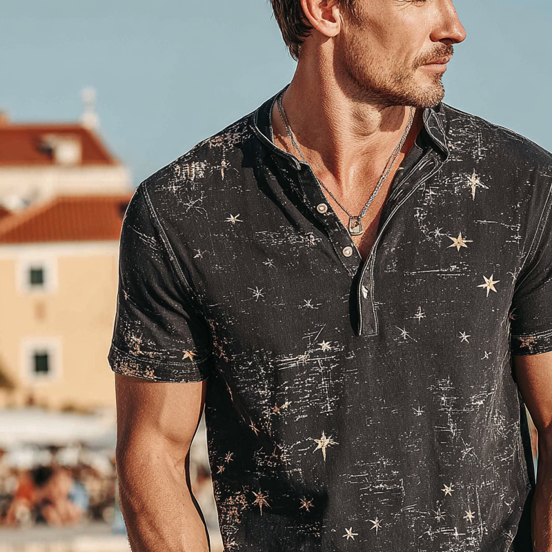 Bart | Men'S Star Print Henley Neck Short Sleeve T-Shirt
