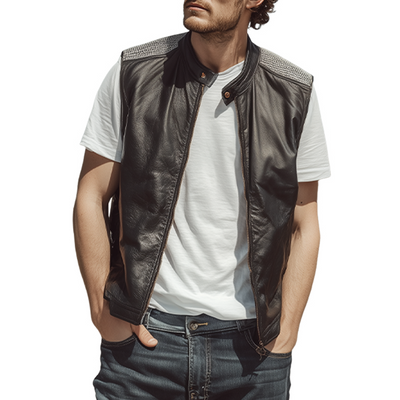 Daryl | Men'S Spring And Summer Fashion Casual Shoulder Splicing Mesh Fabric Stand Collar Zipper Leather Vest