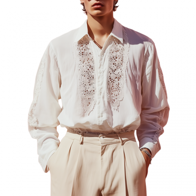 Ulysses | Men'S Casual Breathable Lace Chiffon Patchwork Lapel Loose Long-Sleeved Shirt