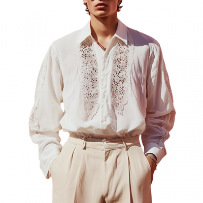 Ulysses | Men'S Casual Breathable Lace Chiffon Patchwork Lapel Loose Long-Sleeved Shirt
