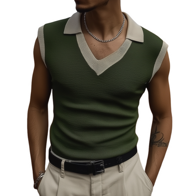 Adam | Men'S Casual Breathable Colorblock Lapel Slim Fit Knitted Sleeveless Polo Shirt