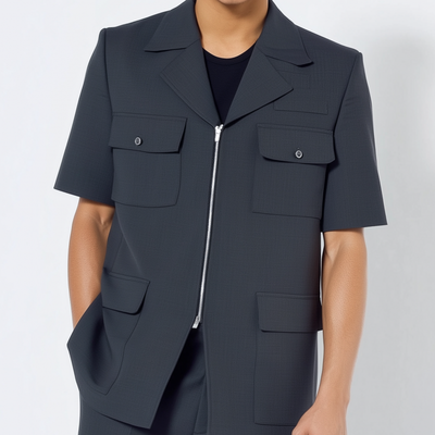 Vicente | Men'S Casual Solid Color Cotton Blend Notch Lapel Zipper Placket Multi-Pocket Short Sleeve Jacket