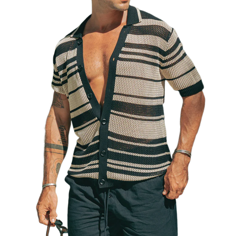 Emilio | Men'S Spring And Summer Fashion Casual Hollow Horizontal Striped Knitted Short-Sleeved Shirt