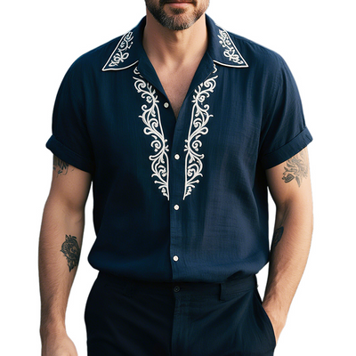 Frederick | Men'S Retro Casual Linen Palace Style Embroidered Lapel Short Sleeve Shirt