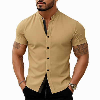 Tony | Men'S Stand Collar Cotton Blend Short Sleeve Shirt