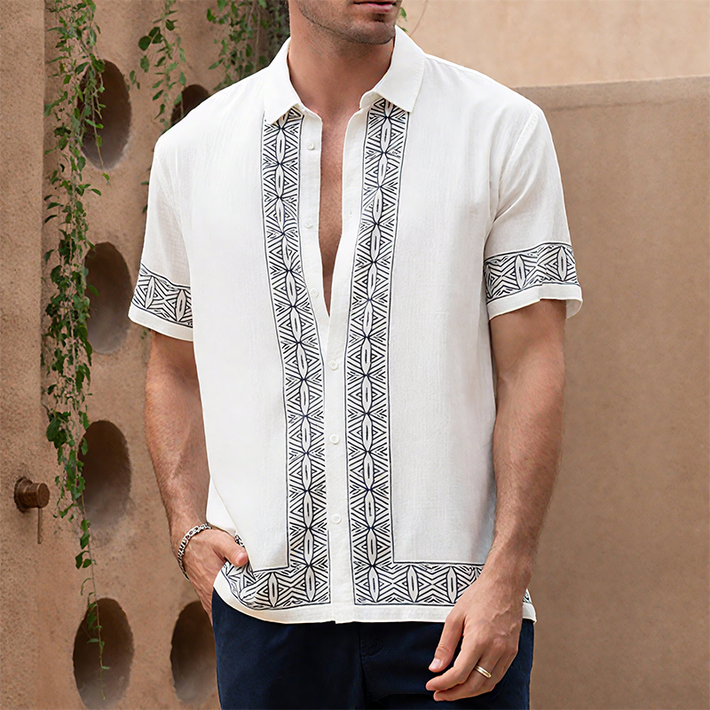 Milton | Men'S Summer Casual Cotton And Linen Printed Lapel Short-Sleeved Shirt