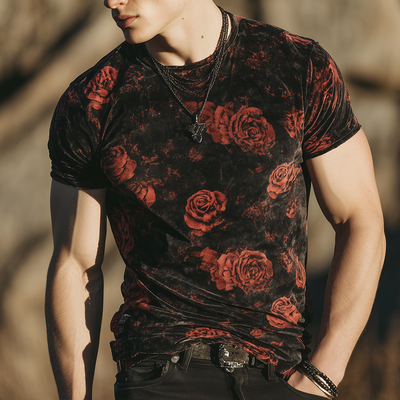 Harry | Men'S Retro Casual Rose Print Velvet Round Neck Short Sleeve T-Shirt