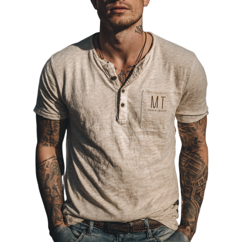 Carlos | Men'S Casual Letter Printed Henley Neck Short Sleeve T-Shirt