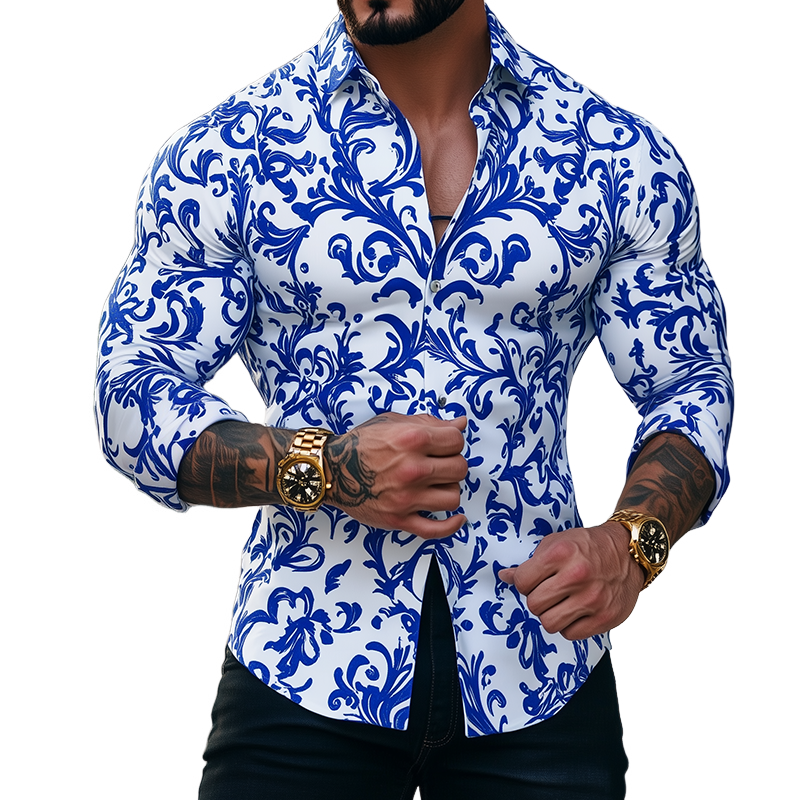 Men's Retro Casal Ble And White Porcelain Print Lapel Long Sleeve Shirt