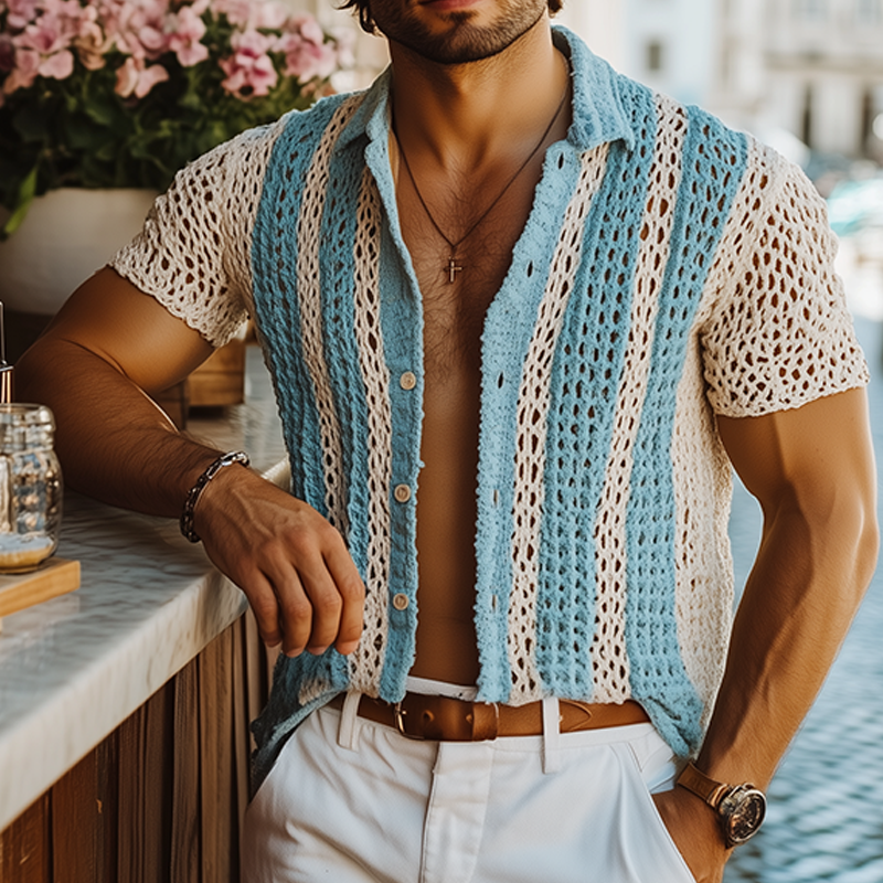 Melvin | Men'S Summer Fashion Casual Knitted Hollow Vertical Striped Short-Sleeved Shirt